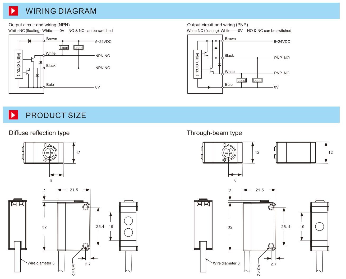 Diffuse Photo Sensor-3 Rectangular Photoelectric Sensor